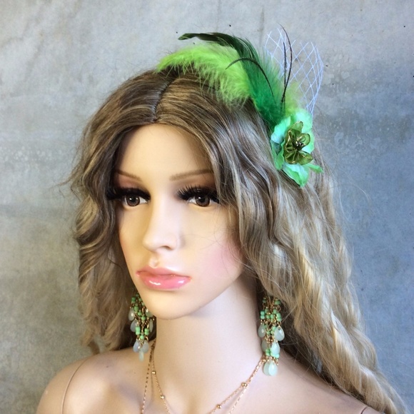 🌺 3PC MOON NECKLACE DANGLE EARRINGS HAIR FLOWER FEATHER BOHO SET BUNDLE GREEN - Picture 2 of 9